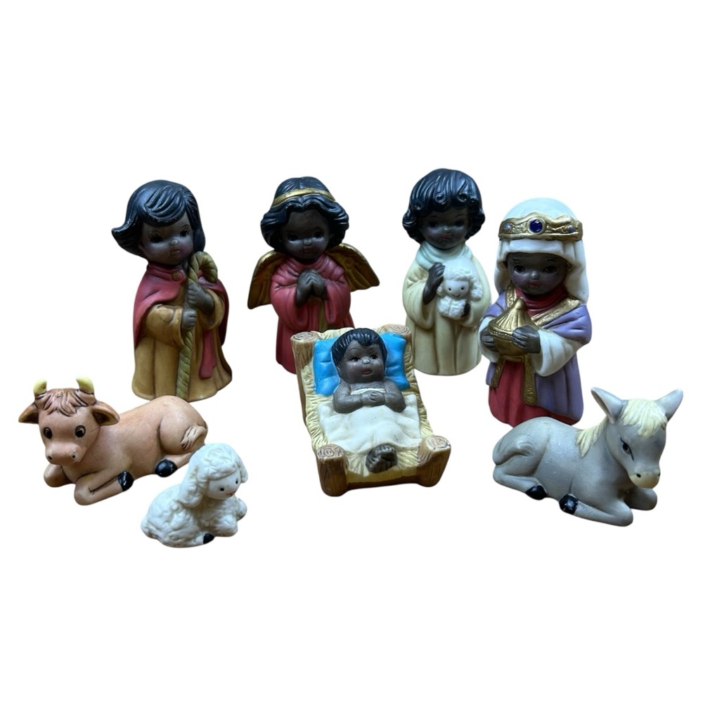 Dark Skinned Nativity Set Figures 8 Pc. Ceramic Jesus Wise Men Angels Animals